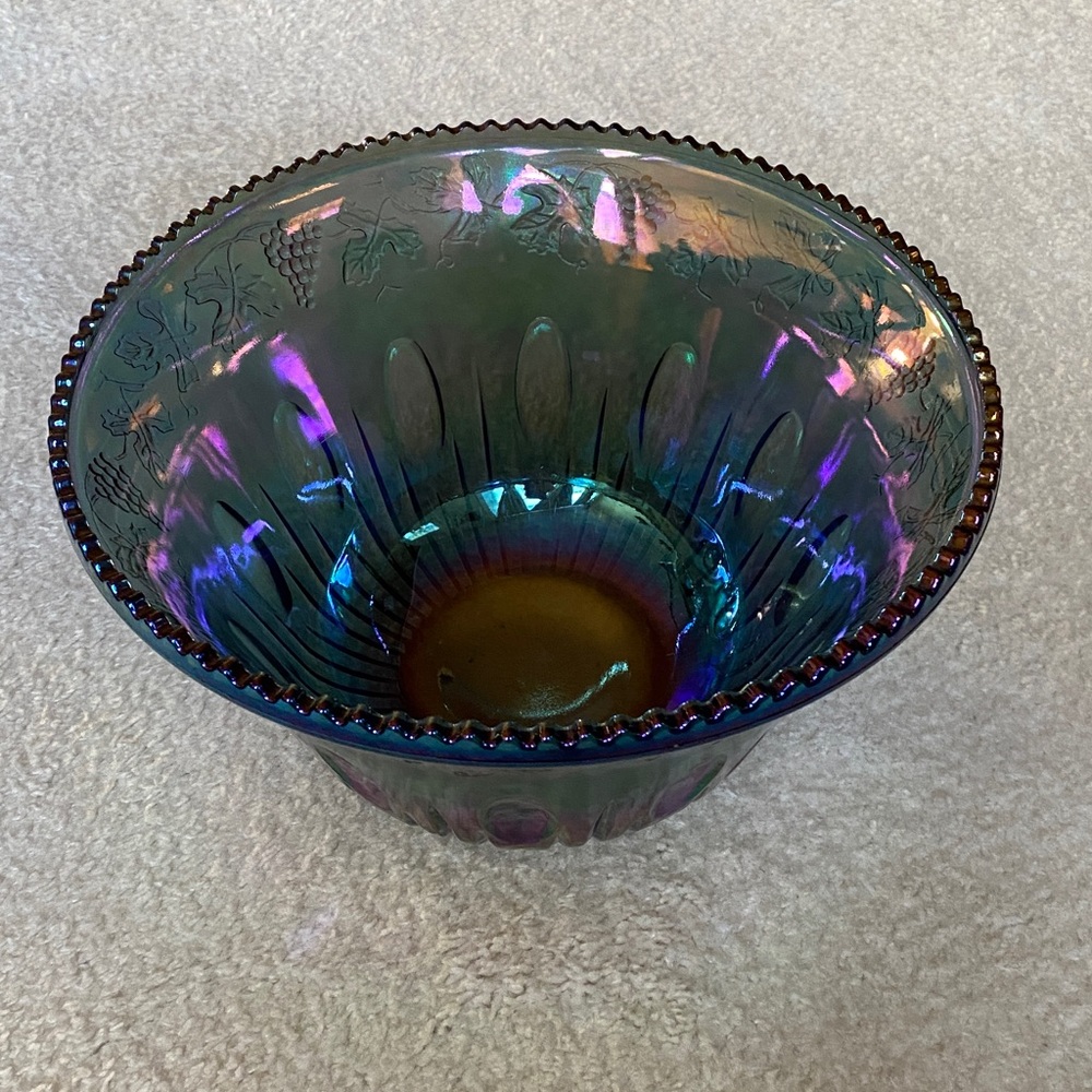 Iridescent Carnival Glass Decorative Punch Bowl Blue Green - Picture 14 of 15